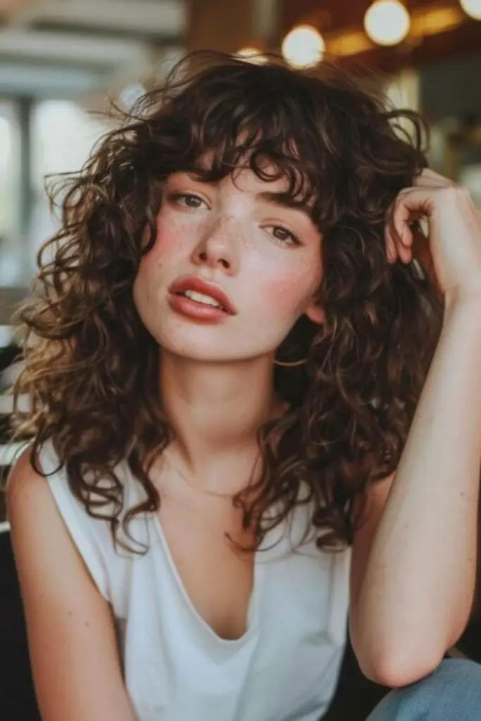 Curly shag cut with retro energy.