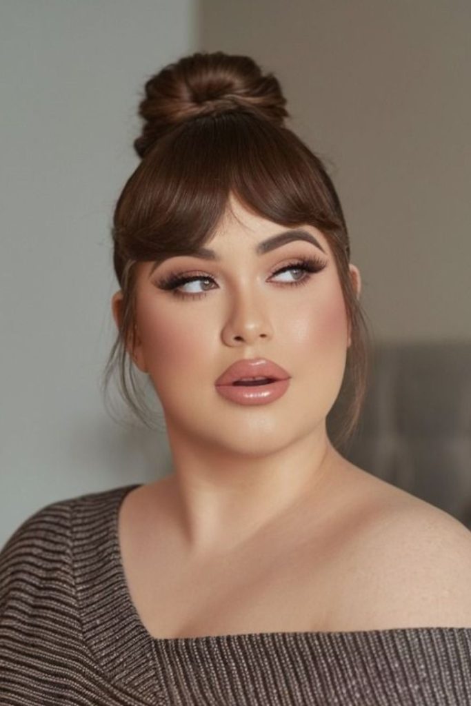 Curtain bangs paired with bun