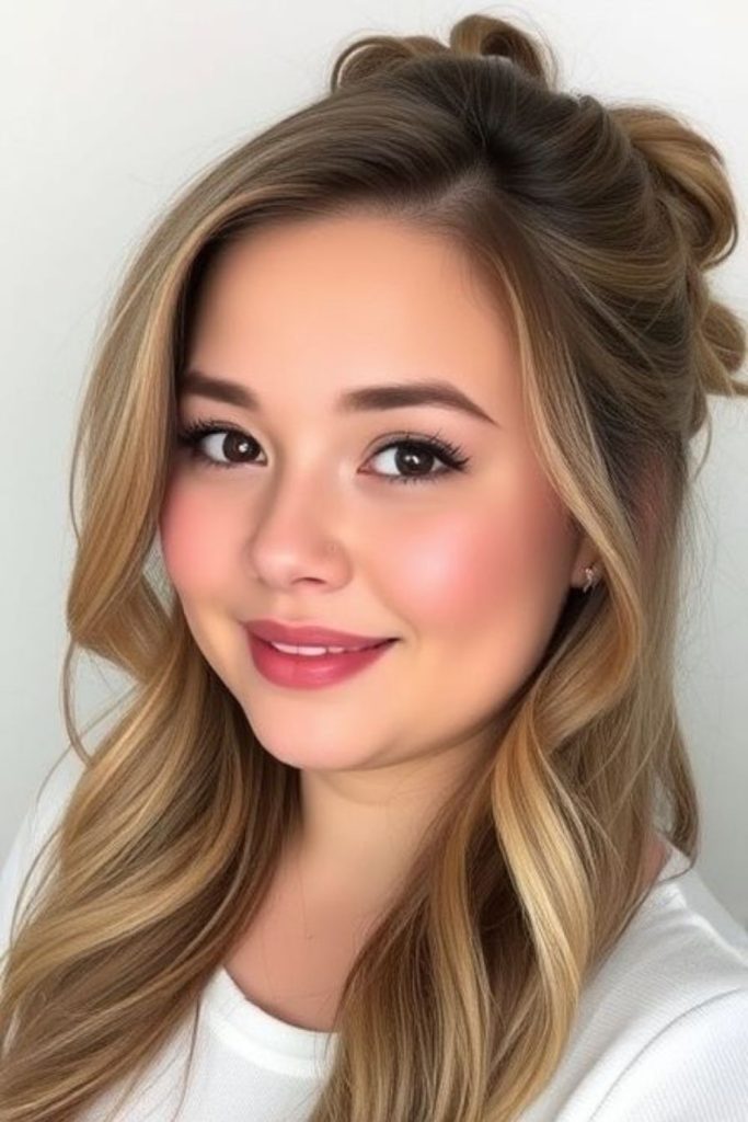 Curtain bangs with half-up style