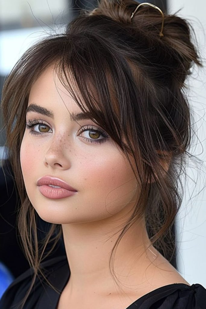 Curtain bangs messy bun hairstyle