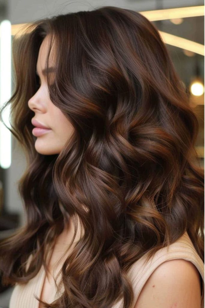 Dark sandalwood brunette strands with sway