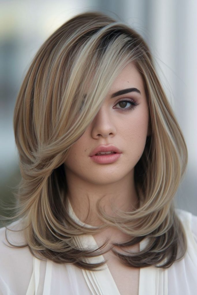 Deep side part glamorous hairstyle women