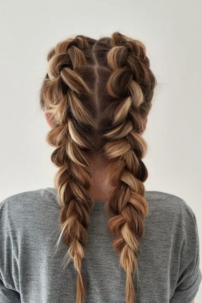 Tight sporty double Dutch braids.