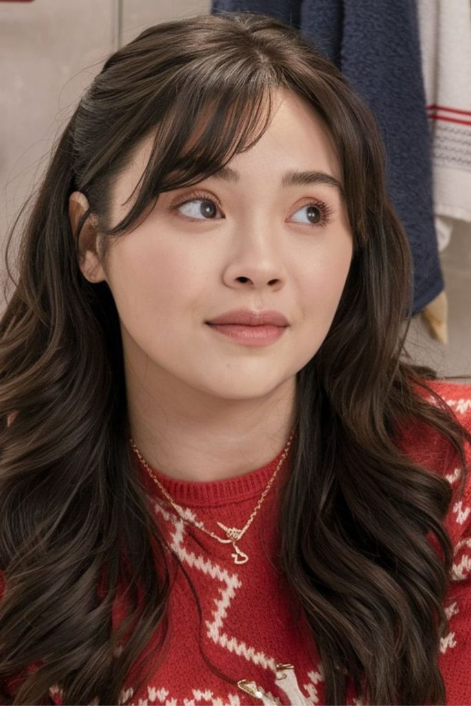 Dramatic wide curtain bangs style