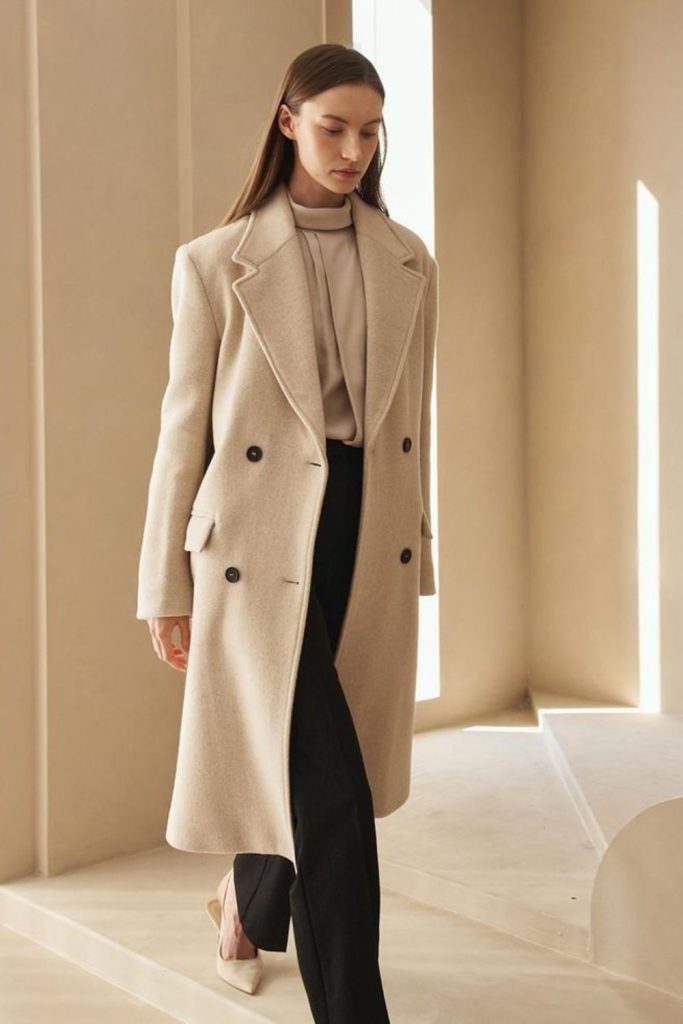 Dune beige coat with relaxed trousers