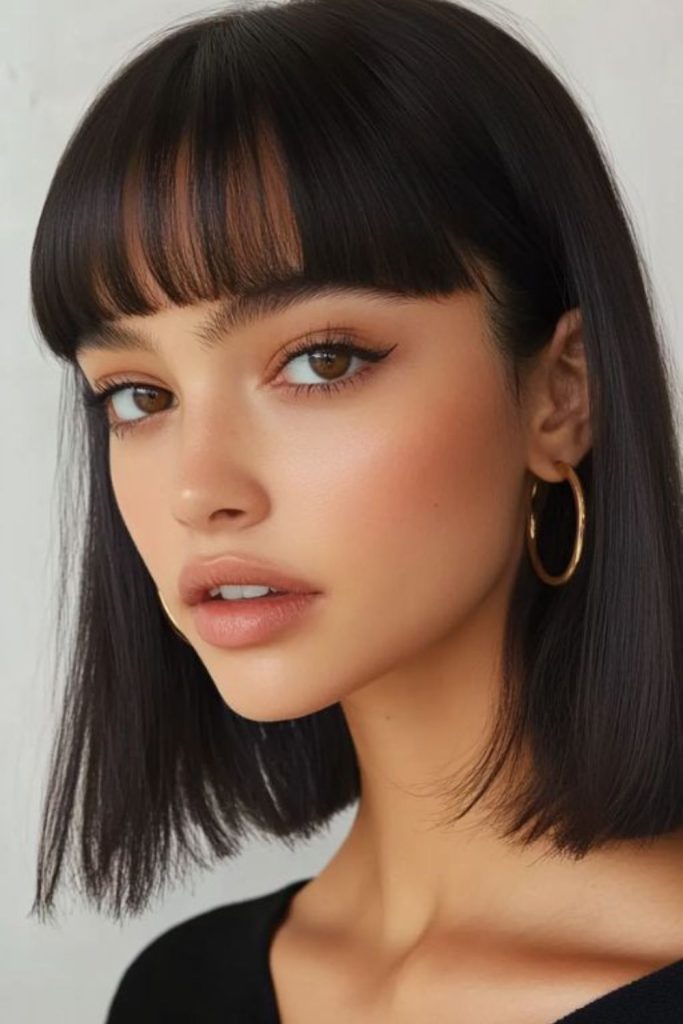 Edgy lob hairstyle with angled fringe
