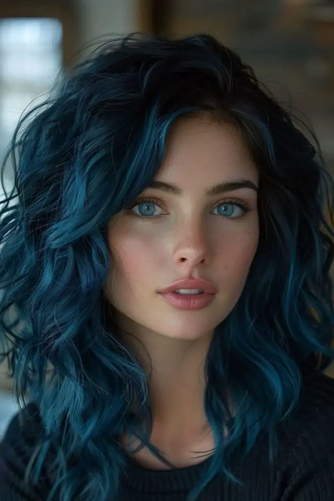 Bold electric neon blue hairstyle.