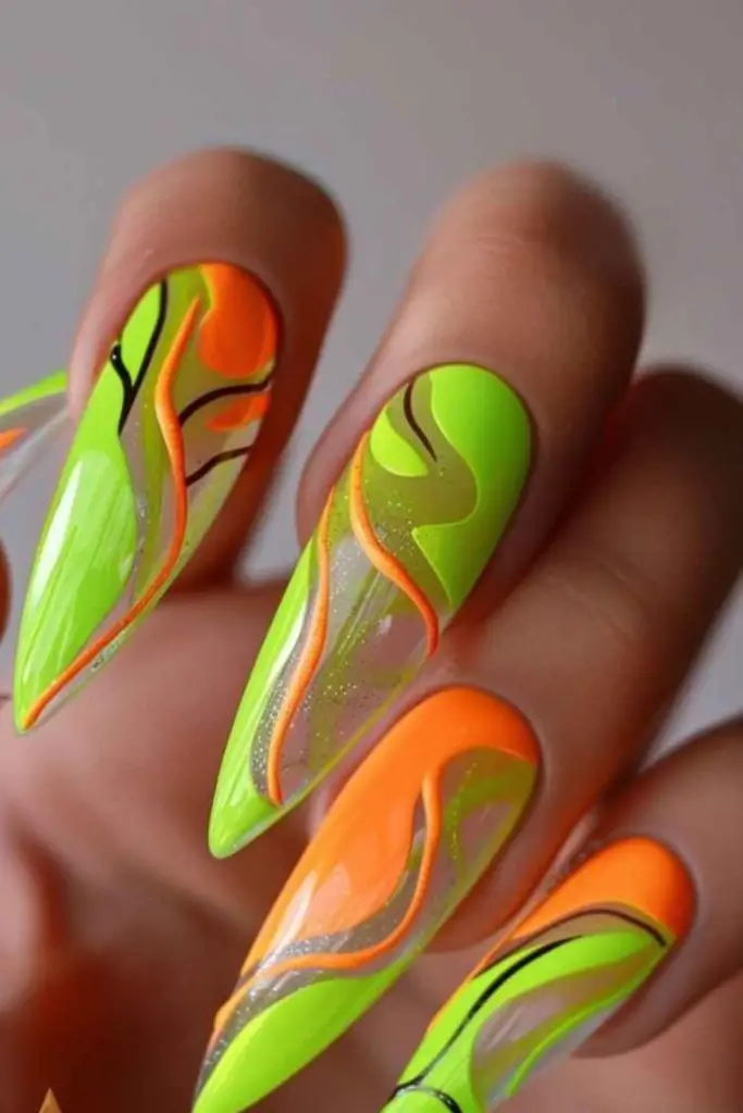 Neon green orange jungle nails