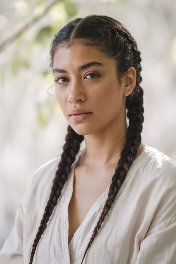 Pigtail braids rustic winter vibe