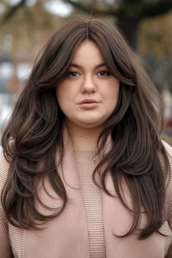 Face-framing layered haircut slims cheeks