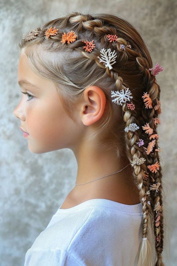 Floral crown braids decorated with clips.