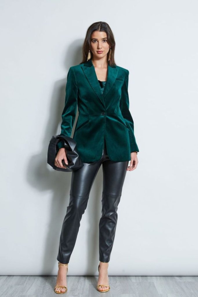 Emerald green coat with leather pants
