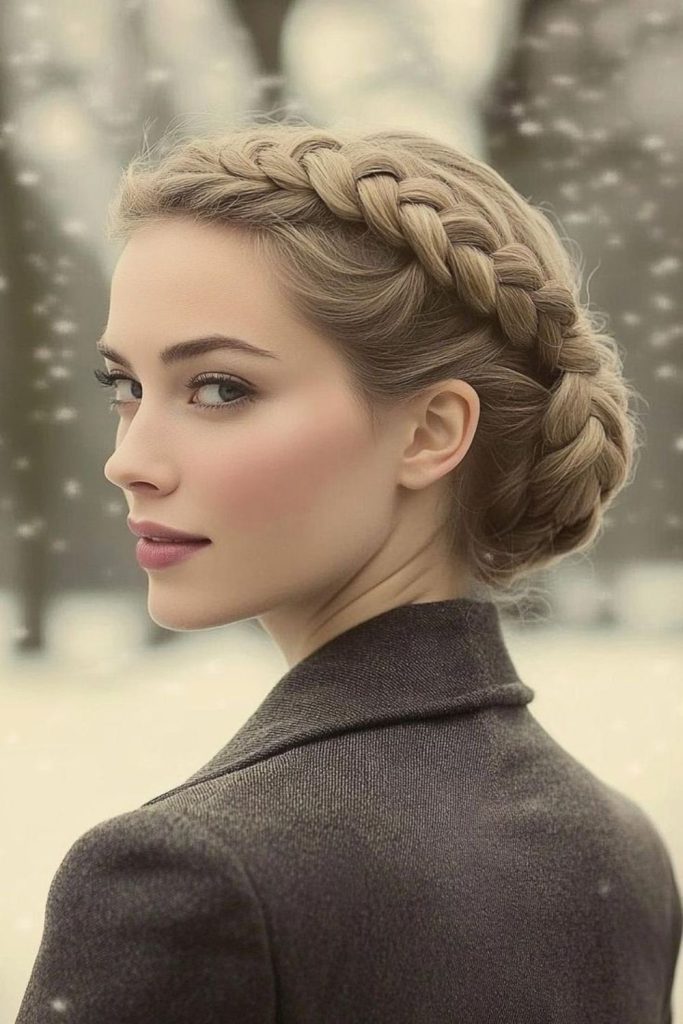 Spiral bun braid frosty elegance