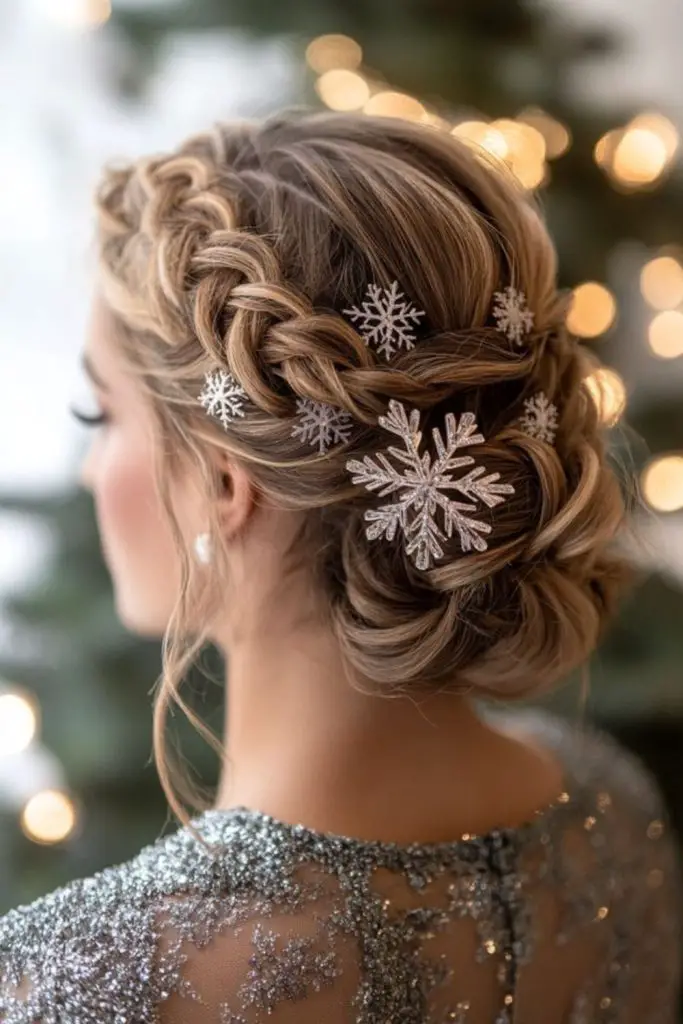Icy braided crown with shimmering beads.