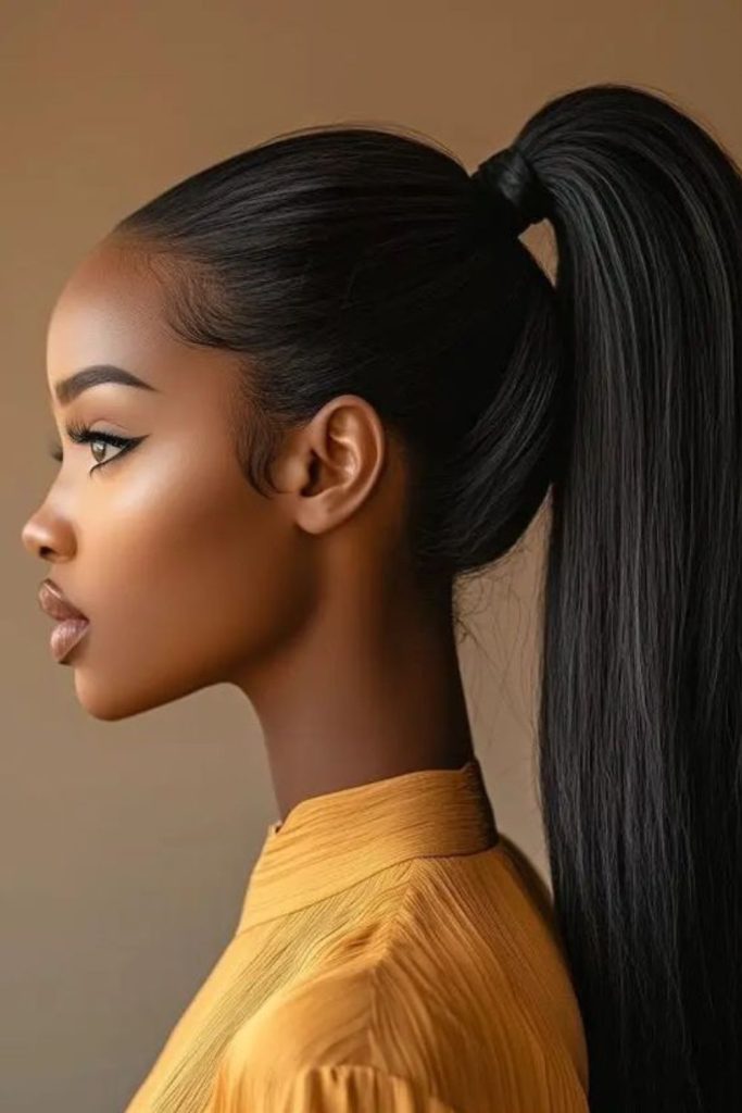 Glam high sleek ponytail hairstyle