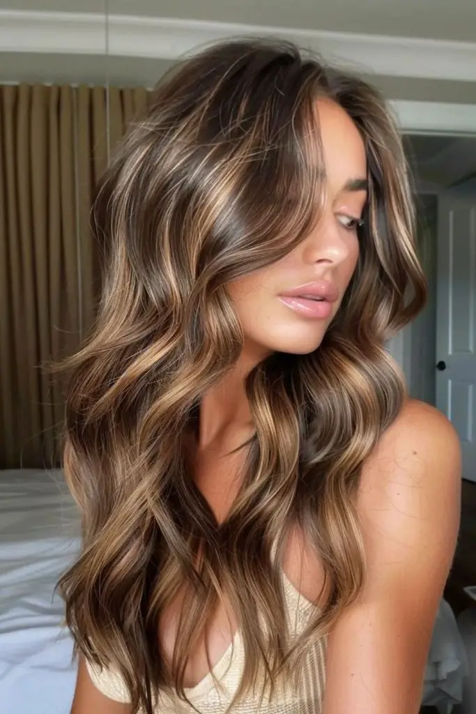 Gleaming bronze cascade caramel highlights hairstyle