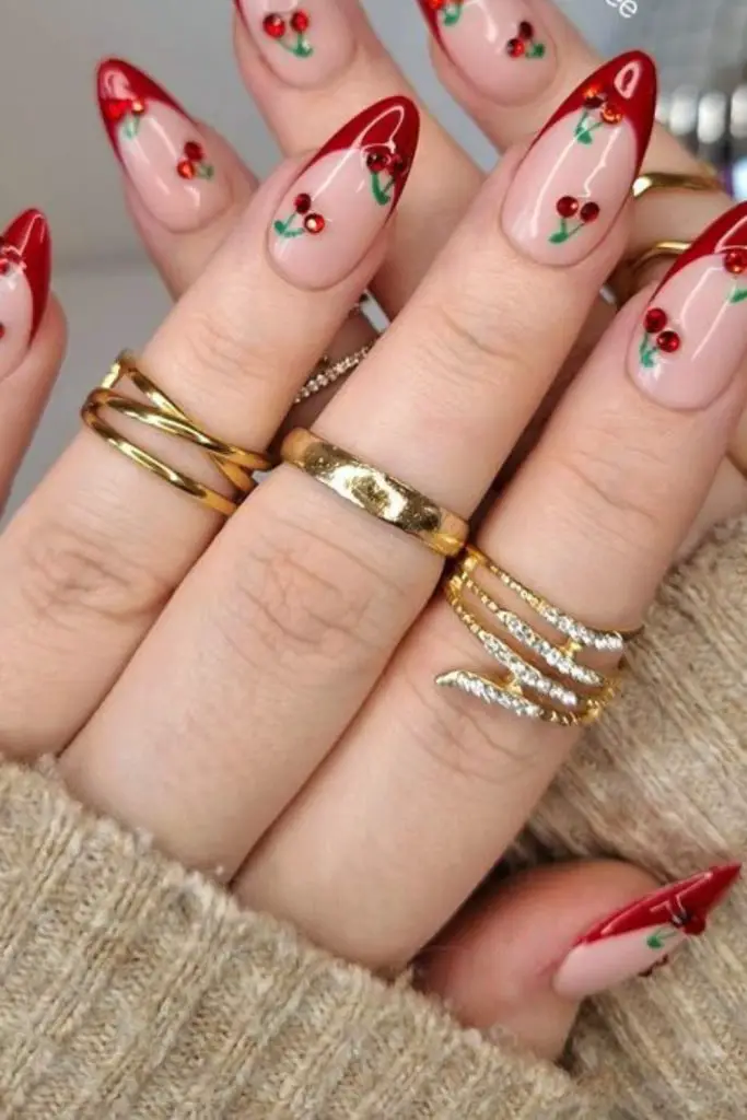 Glossy cherry coffin-shaped bold nails