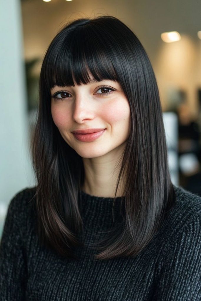 Glossy lob hairstyle with straight bangs