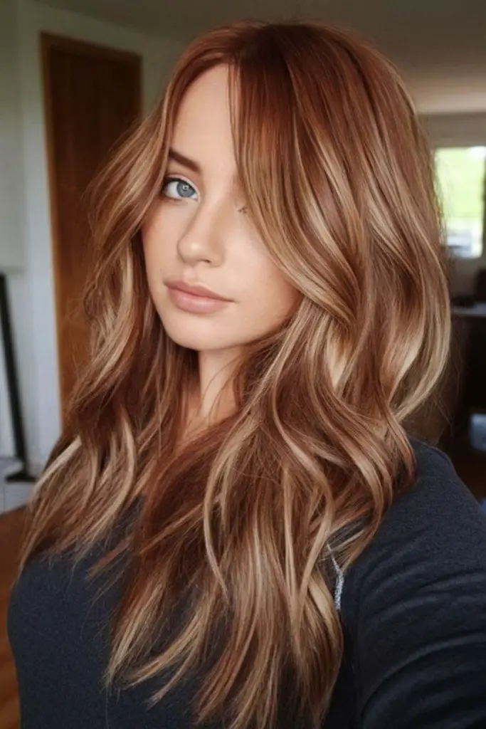 Warm caramel swirl highlights hair.