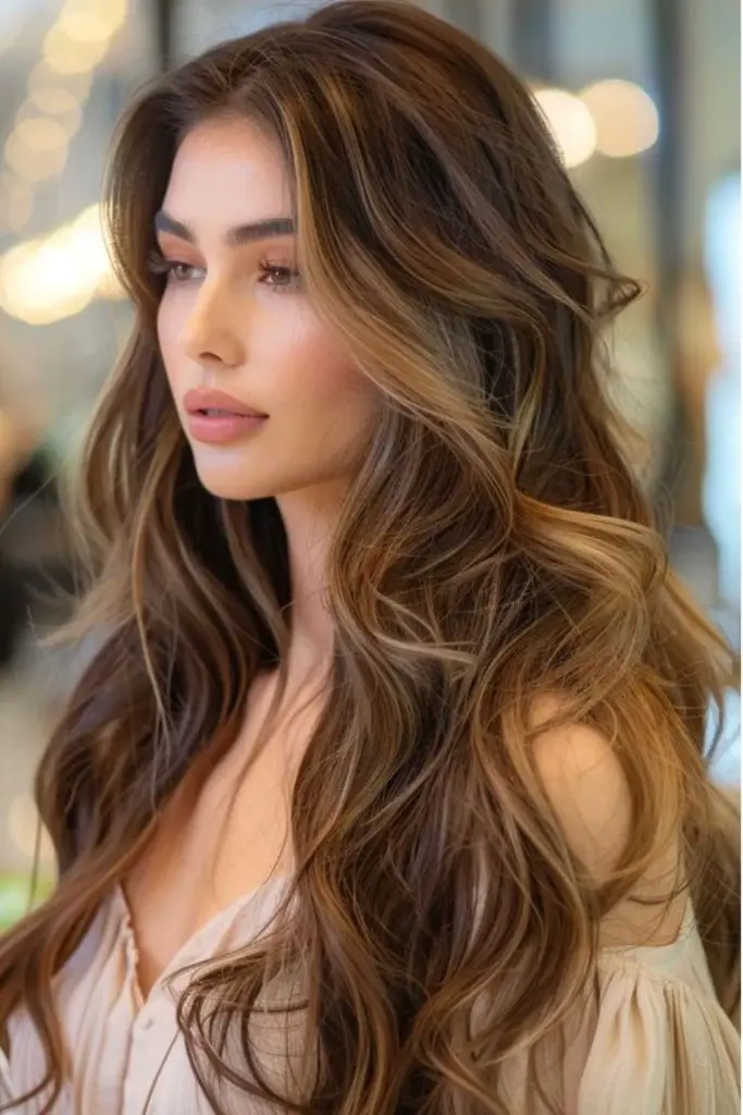 Golden cascade layers on brunette hair