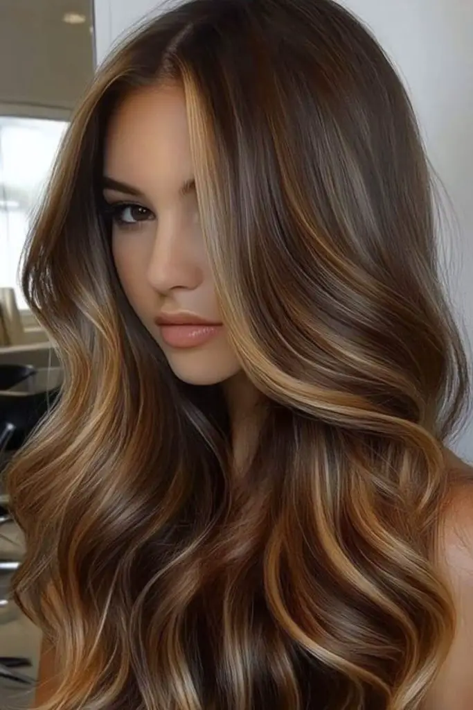 Golden balayage drift on dark hair