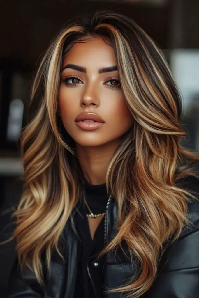 Golden caramel highlights on ebony waves
