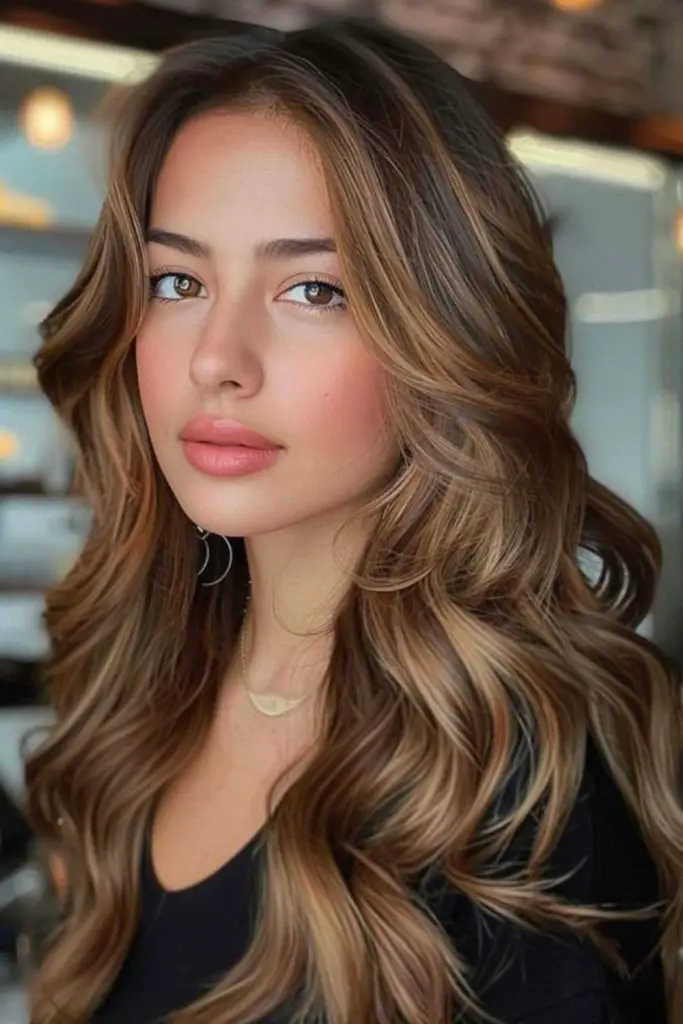 Golden taffy waves on brunette hair
