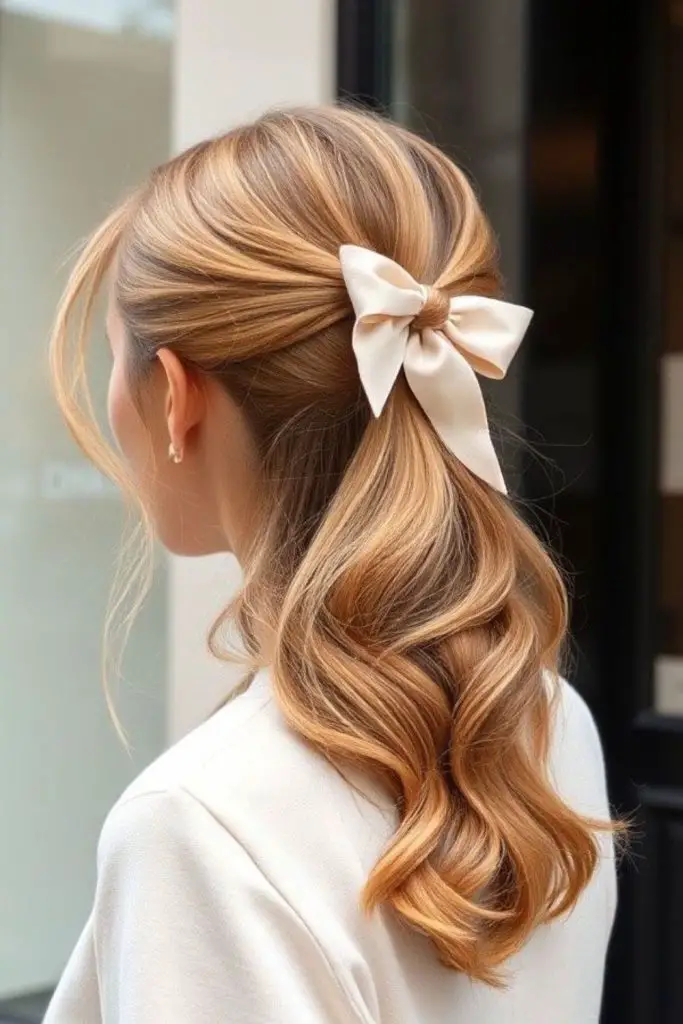 Half up bow with cascading hair