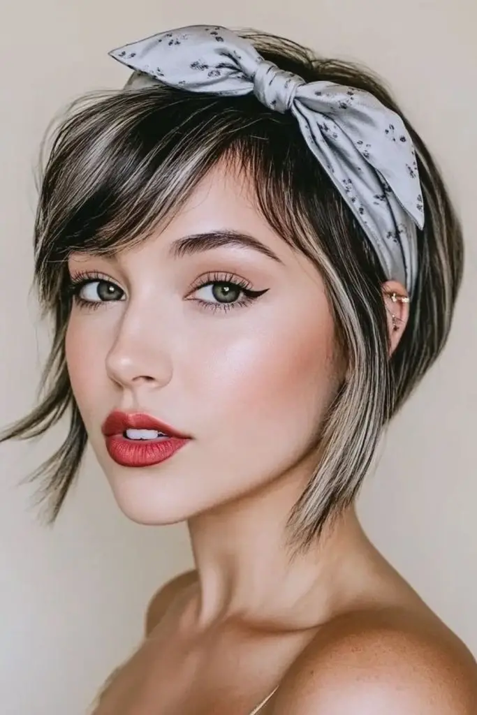 Headband tuck creating faux bob look