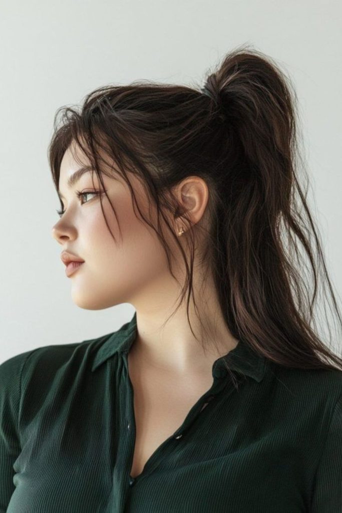 High ponytail elongates face shape beautifully