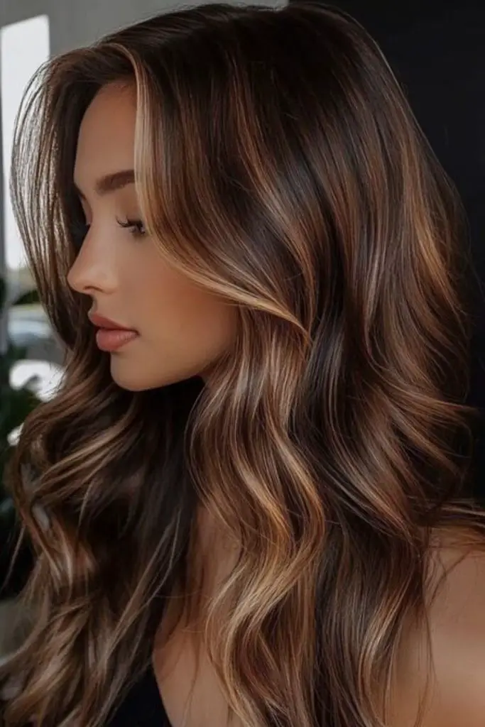 Honey drizzle caramel across brunette hair