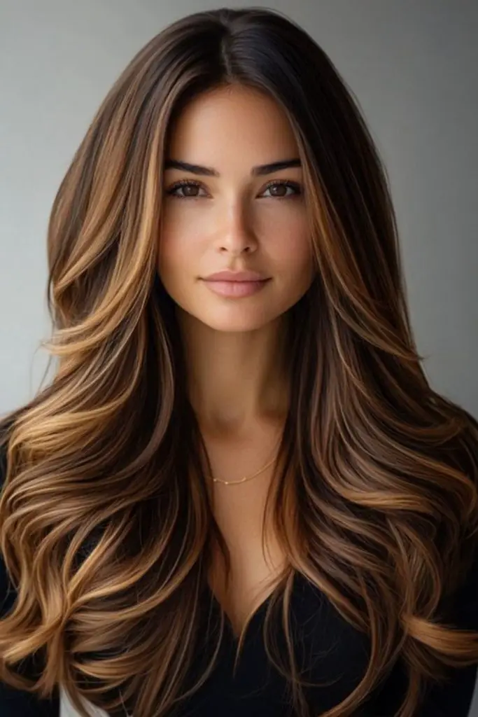 Honey glimmer highlights on layered brunette