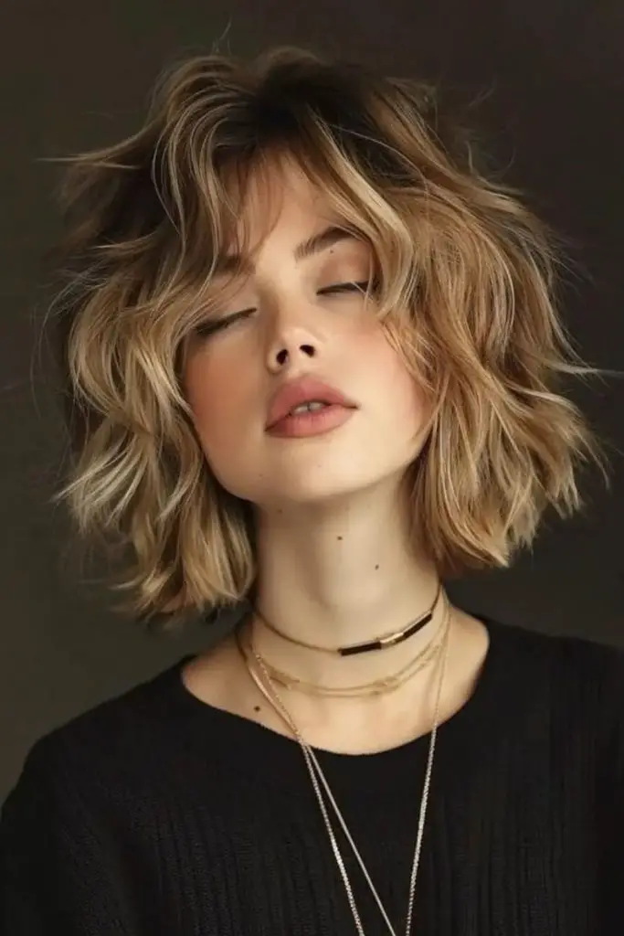 Honey-toned messy bob with bangs