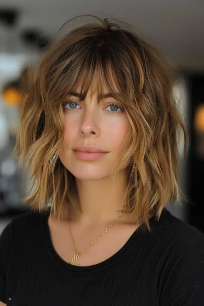 Honey-toned shag bob with choppy bangs