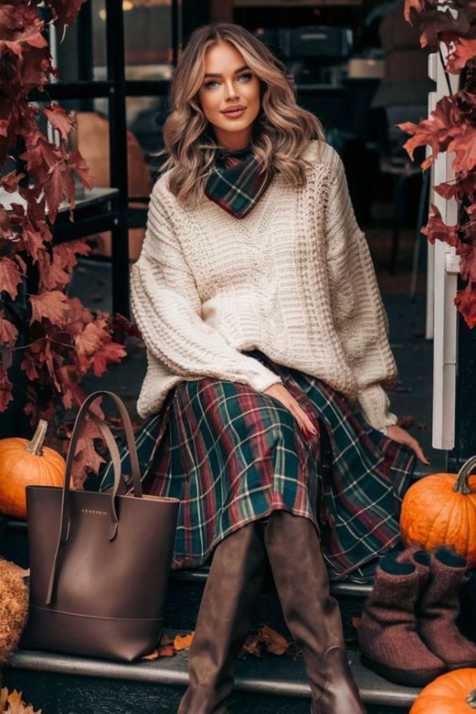 Chunky honey knit and plaid skirt