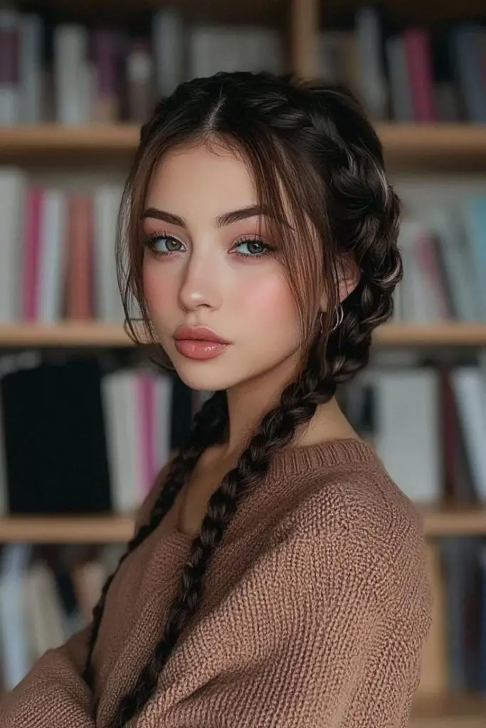 Twin fishtail braids with silver threads