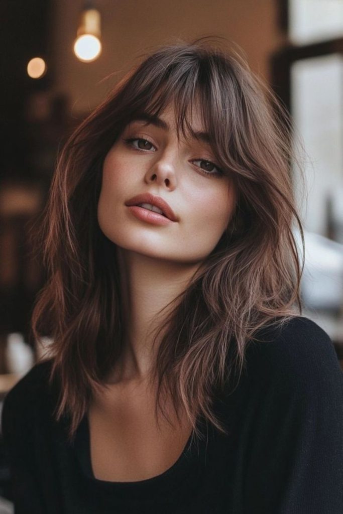 Layered lob haircut with tousled bangs