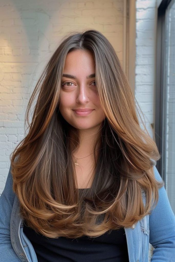 Long straight hairstyle flattering round faces
