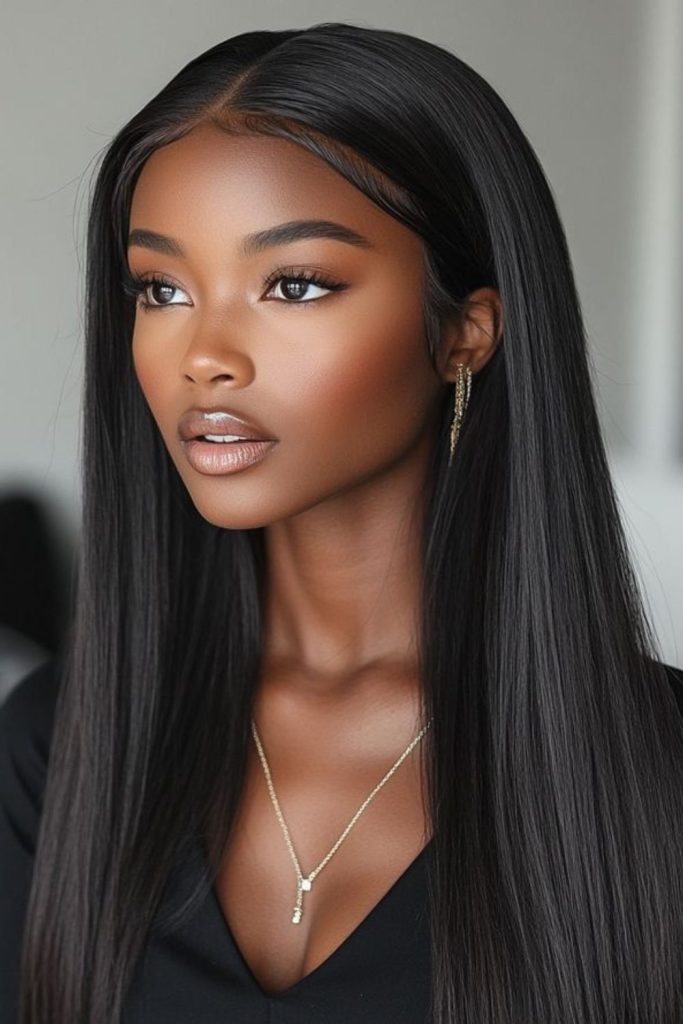 Long jet-black sleek straight hair