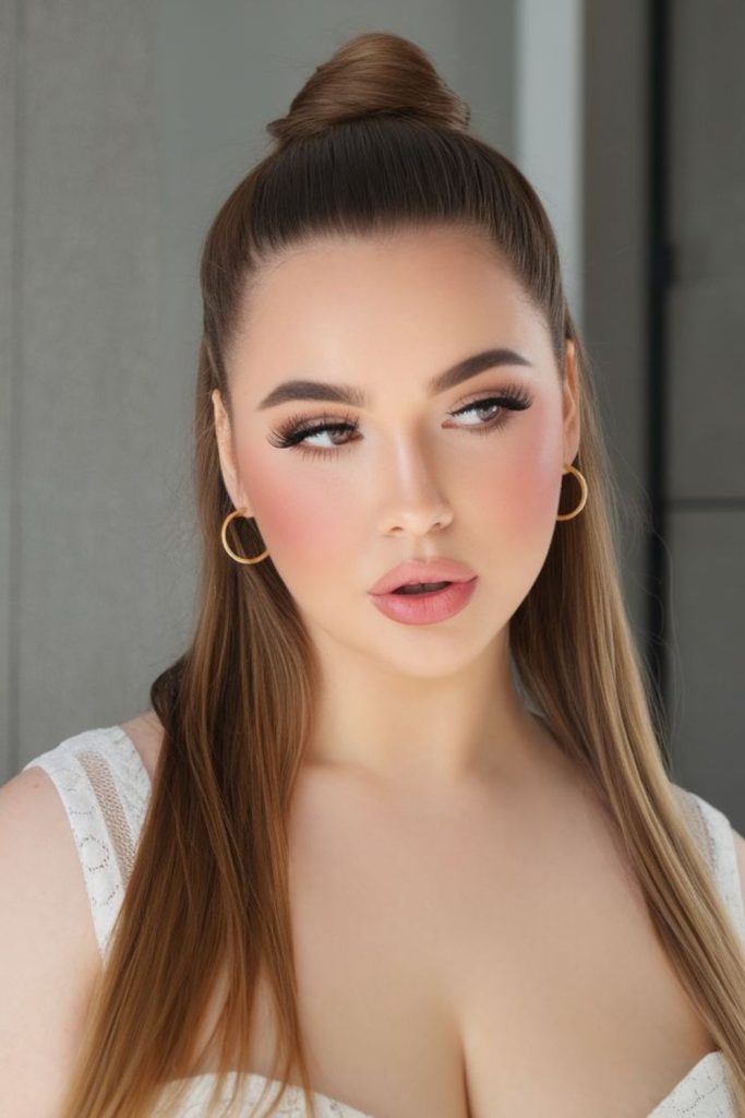 Long sleek ponytail elongates facial structure