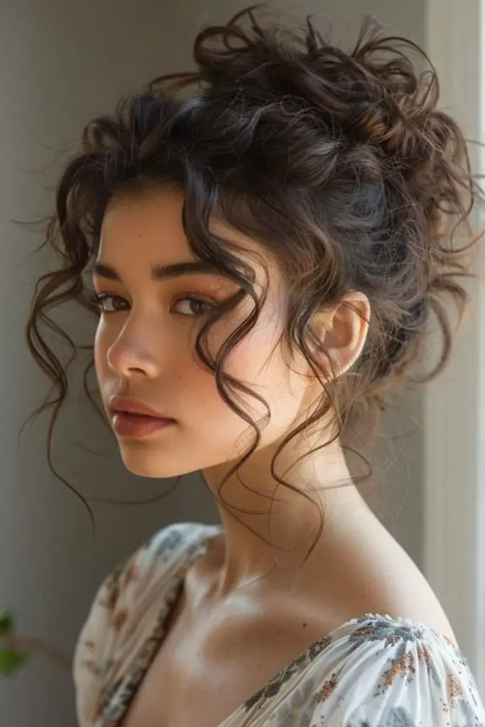 Loose curly bun with romantic touch.