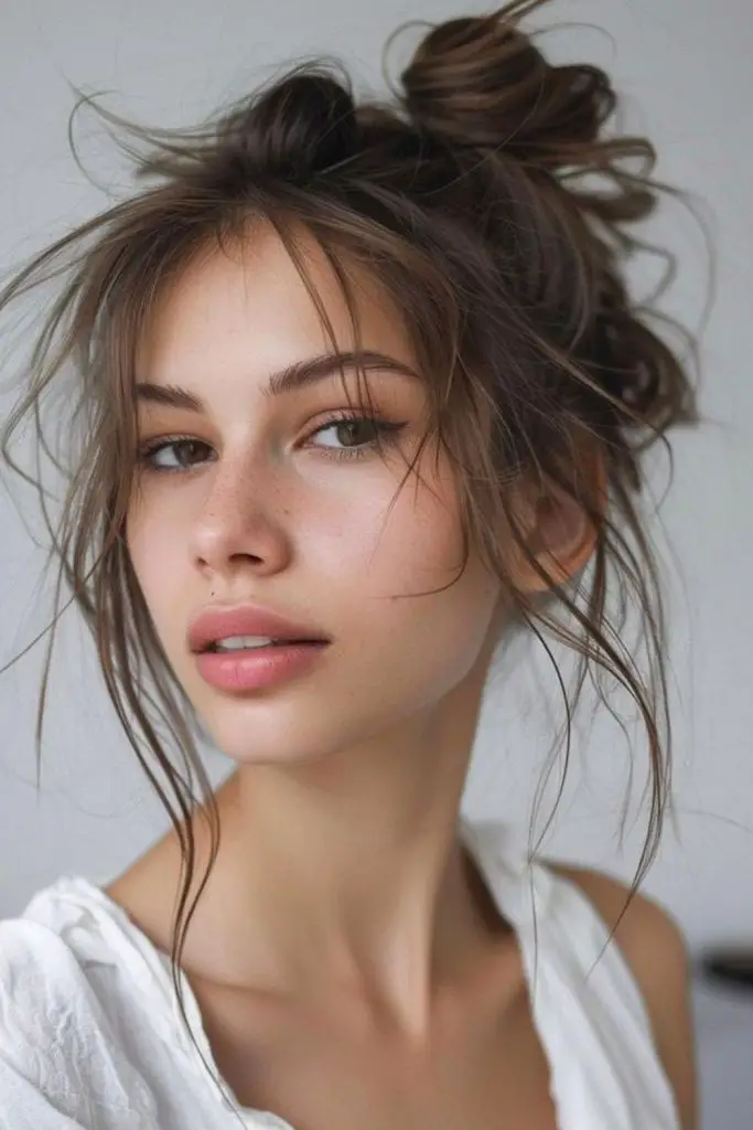 Relaxed side bun with wisps.