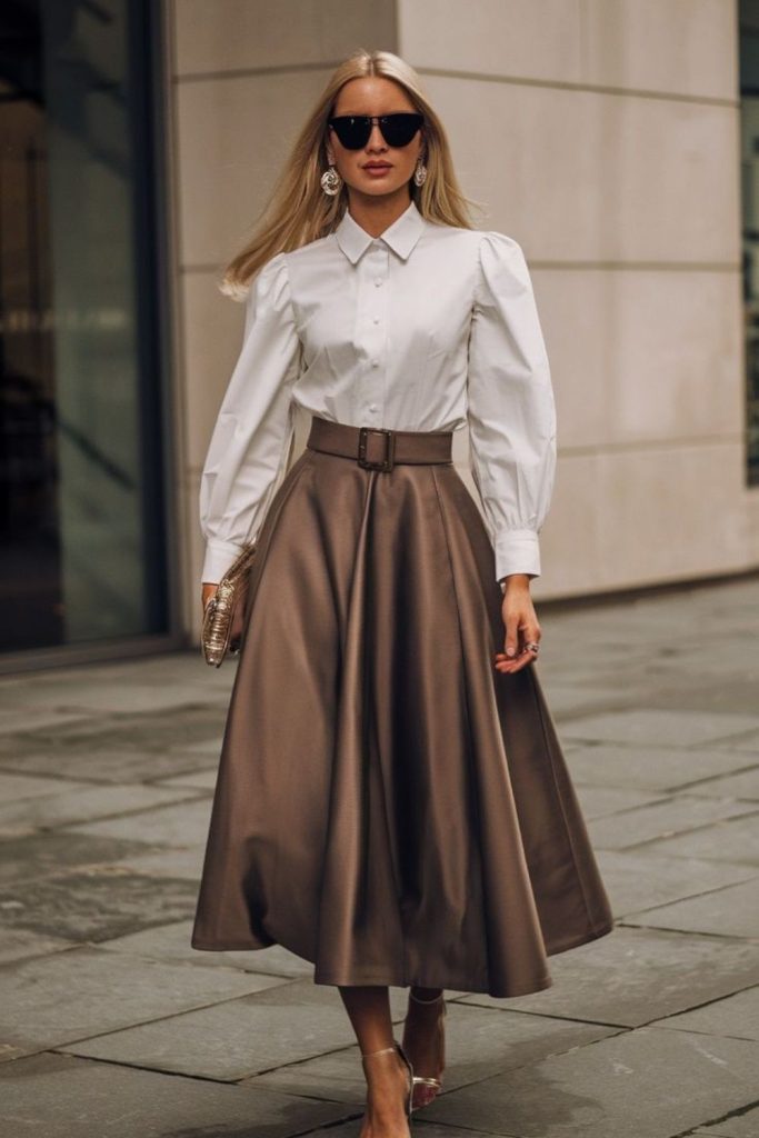 Maple-toned skirt and button blouse