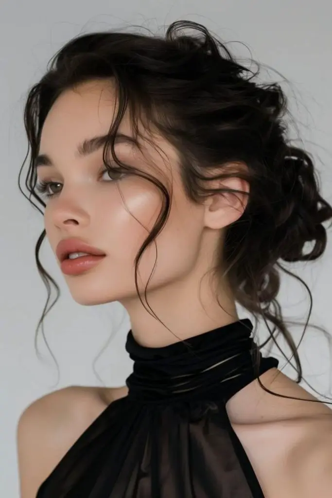 Messy bun delight with free curls.
