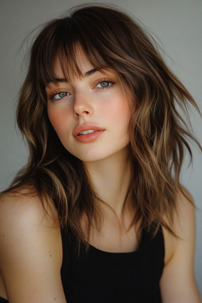 Messy lob hairstyle with textured bangs