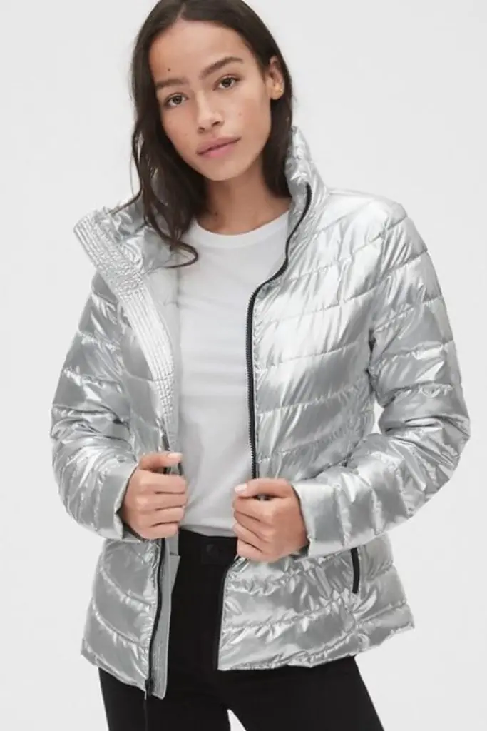 Metallic silver puffer futuristic winter look