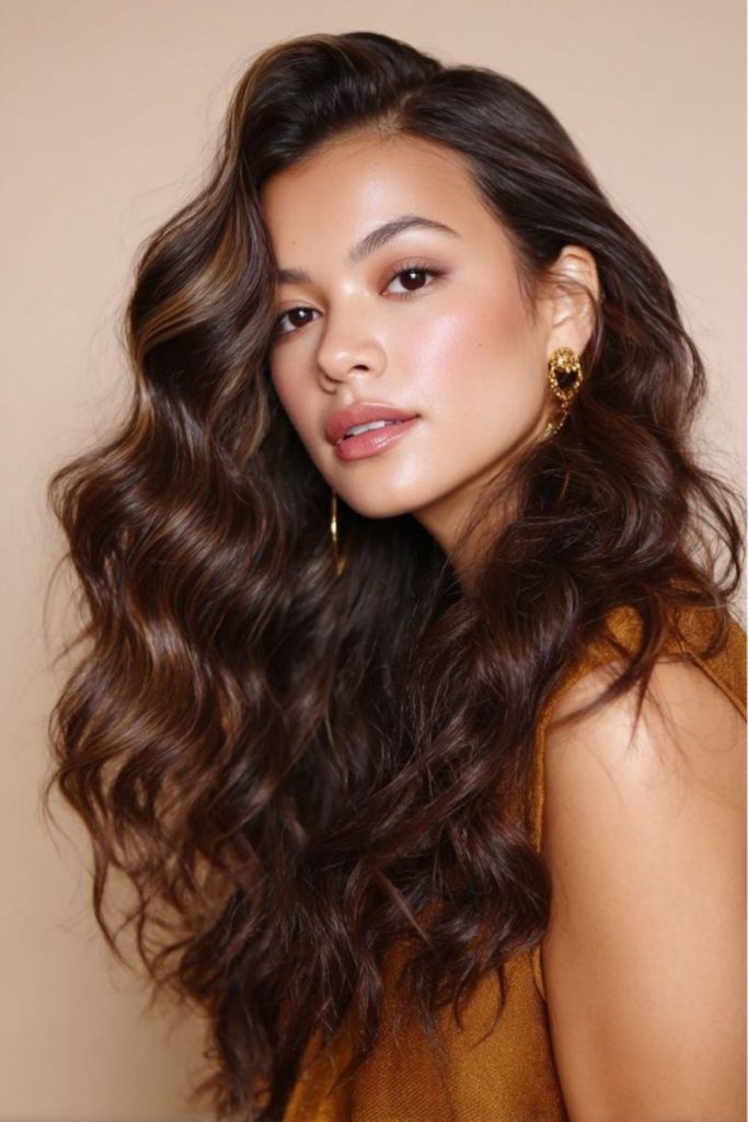 Midnight mocha brunette waves with depth.