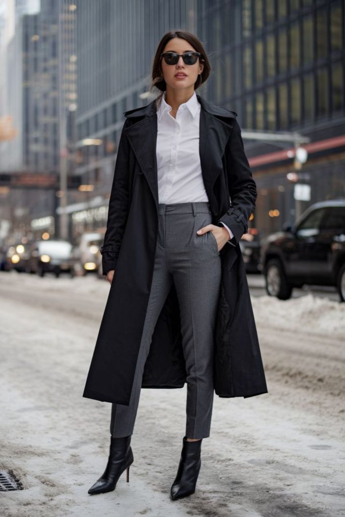 Midnight black overcoat with tailored slacks