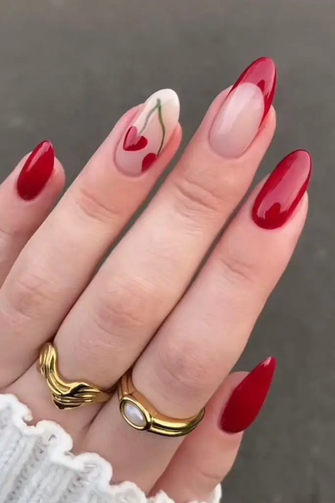 Neutral nails with cherry accent