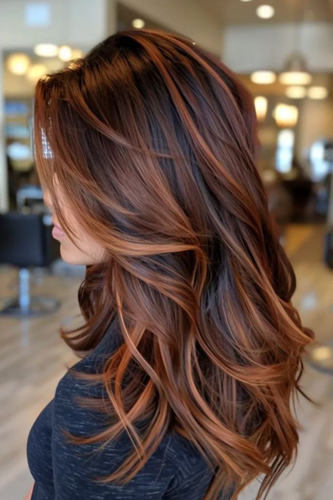Mocha ribbon streaks through brunette layers